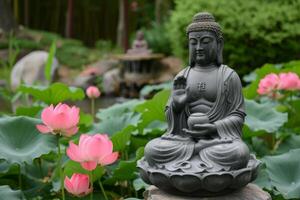 Serene buddha statue in lotus pond photo