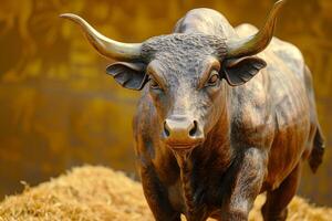 Close-up of a bronze statue of a bull with impressive horns on a warm golden background photo