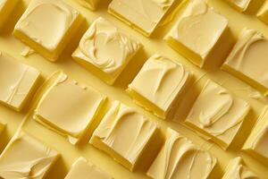 Top view of neatly arranged squares of butter on a yellow background, forming a seamless pattern photo
