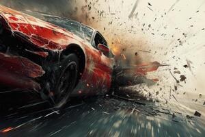 Dynamic image of a red sports car in a highspeed collision with debris flying photo