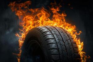 Burning tire with intense flames on dark background photo