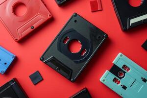 Vintage floppy disks on red background photo