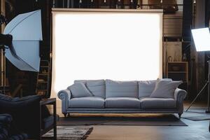 Professional photo studio with light setup and sofa