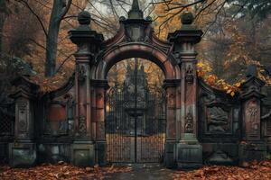 Mysterious autumn gate in a foggy forest photo