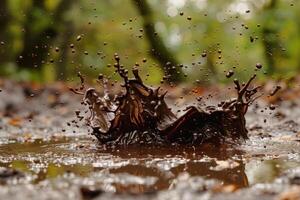 Dynamic closeup of a mud splash on a wet forest floor photo
