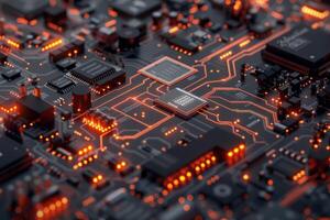 Highresolution image of a circuit board with illuminated pathways and microchips photo