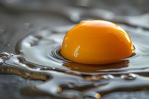 Closeup of raw egg yolk on reflective surface photo