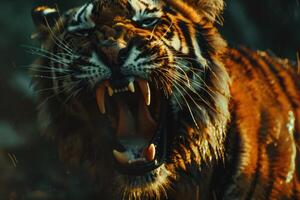 Fierce tiger roaring in twilight photo
