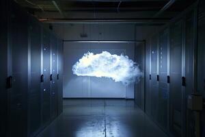 Ethereal cloud floating inside data center photo