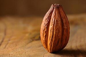 Isolated cocoa pod on wooden table photo