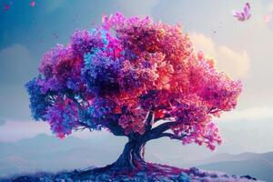 Enchanted colorful tree in mystical landscape photo