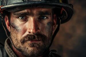 Closeup of a sootcovered firefighter with a determined expression photo