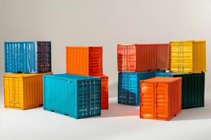 Multicolored cargo containers on neutral background photo