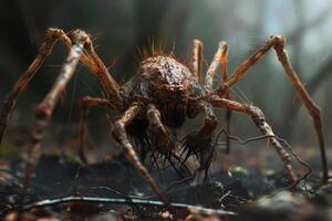 Closeup of a menacing spider in a dark forest photo