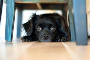 Curious puppy peeking from under table photo