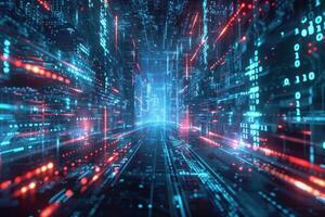 Cyber data tunnel with glowing binary code photo