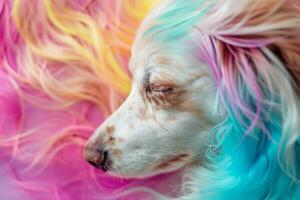 Closeup of a dog with vibrant dyed fur resting peacefully photo