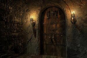 Old wooden door with iron details in a torchlit stone dungeon corridor photo