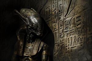 Ancient predator, scifi warrior in egyptian hieroglyphs background photo