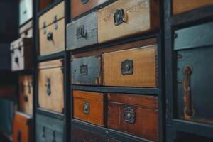 Closeup of assorted wooden drawers with metal handles, showing texture and age photo
