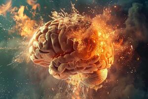 Exploding brain concept on fiery background photo