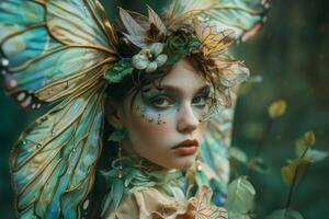 Ethereal portrait of a young woman adorned in whimsical fairy attire amidst a mystical forest setting photo