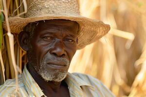 Elderly farmer resting by the field photo