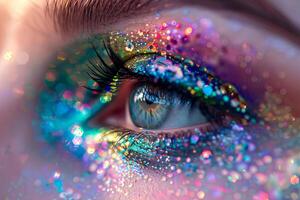 Macro shot of an eye with vibrant glitter makeup and colorful bokeh effect photo