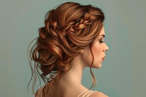 Side profile of a woman with a sophisticated braided updo on a muted background photo