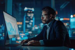 Businessman analyzing data on computer at night photo