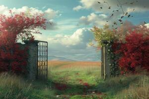 Enchanting autumn gateway to open fields photo