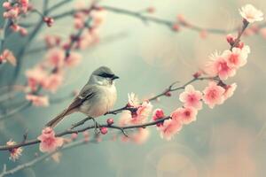 Perched Bird branch flower. Generate Ai photo
