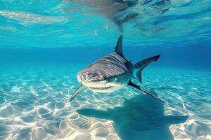 Sea-dwelling Big shark underwater sunny. Generate Ai photo