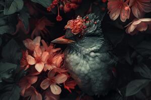 Captivating Bird flowers portrait. Generate Ai photo