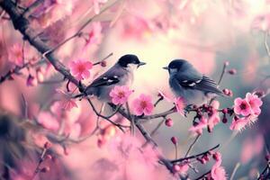 Perched Birds tree branch flowers. Generate Ai photo