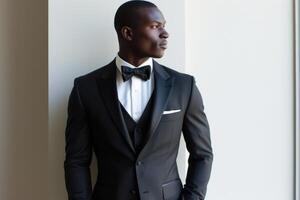 Commanding Black man suit work office. Generate Ai photo