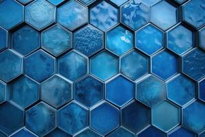 Abstract background of blue hexagonal tiles with varying textures photo