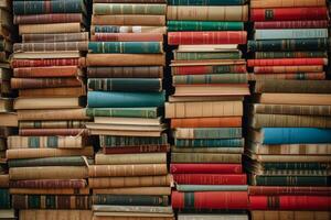 Full-frame image of old books stacked in a library setting, showcasing a variety of colors and titles photo