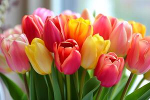Close-up shot of a colorful bouquet of fresh tulips radiating with springtime vibes photo