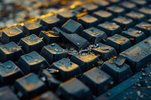 Damaged keyboard close-up with dust and debris photo