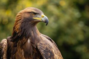 Portrait of a golden eagle with sharp focus on its piercing eyes set against a blurred natural background photo