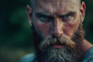 Close-up of a man with a full beard and expressive eyes showing intensity photo