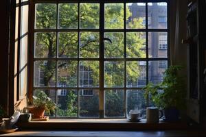Serene window view with morning light photo