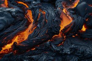 Close-up of vibrant molten lava flows cooling into new rock formations photo