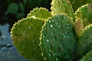 Fresh dew on green prickly pear cactus photo