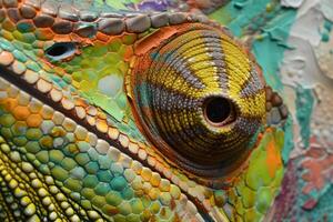 Vivid closeup of a chameleon's eye and scales, showcasing intricate patterns and textures photo