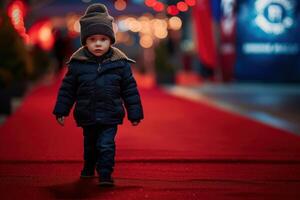 Little boy walking alone on red carpet at evening event photo