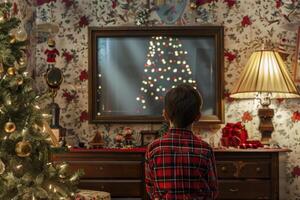 Child watching christmas tree lights reflection on tv screen photo