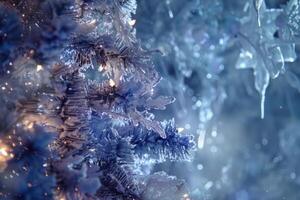 Closeup of sparkling frost patterns on a wintry background, embodying a magical winter atmosphere photo