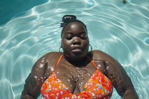 Serene woman floating in pool photo